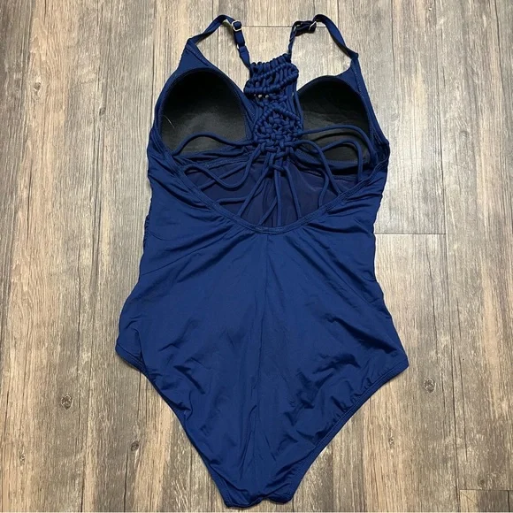 Jantzen Navy Blue Macrame Strappy Back One Piece Ruched Bathing Suit Swim M - Picture 12 of 14